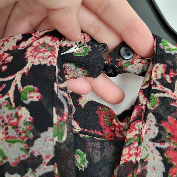 Zara Black Red Floral Print Ruffle Bib Long Sleeve Sheer Blouse Shirt Size XS - Picture 7 of 13